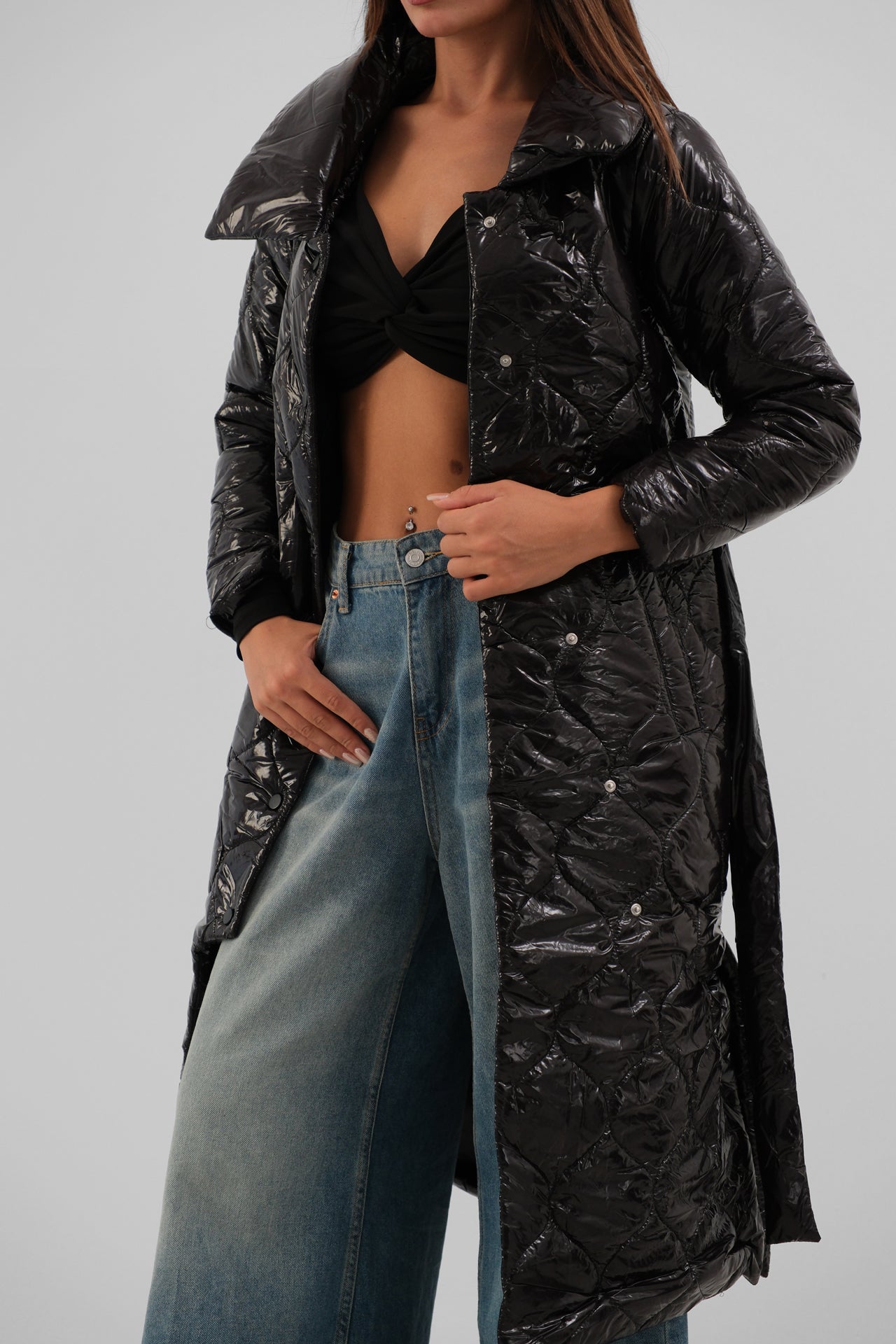 Belted Patent Black Puffer Maxi Coat