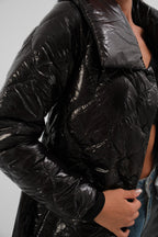 Belted Patent Black Puffer Maxi Coat