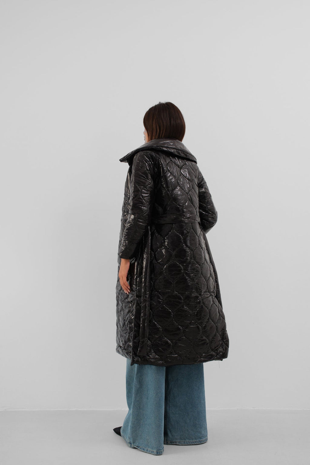 Belted Patent Black Puffer Maxi Coat