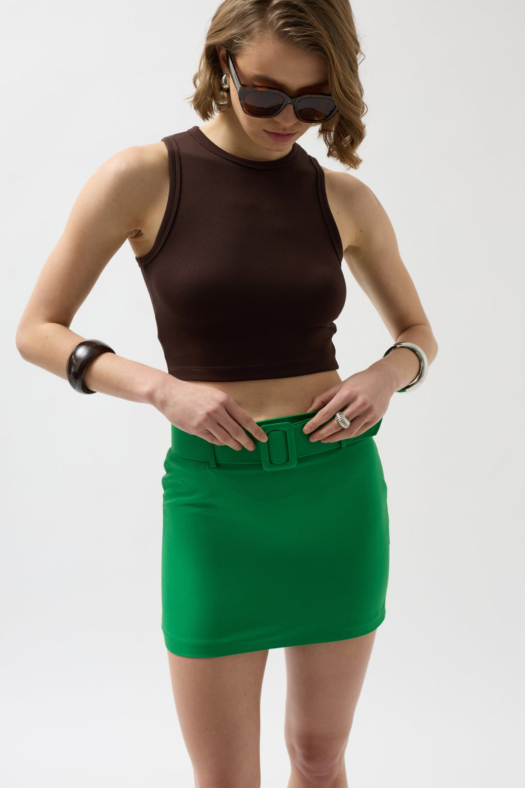 Waistted Green Mini Skirt