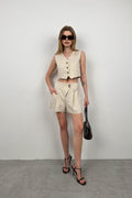Linen Vest Beige Shorts Set