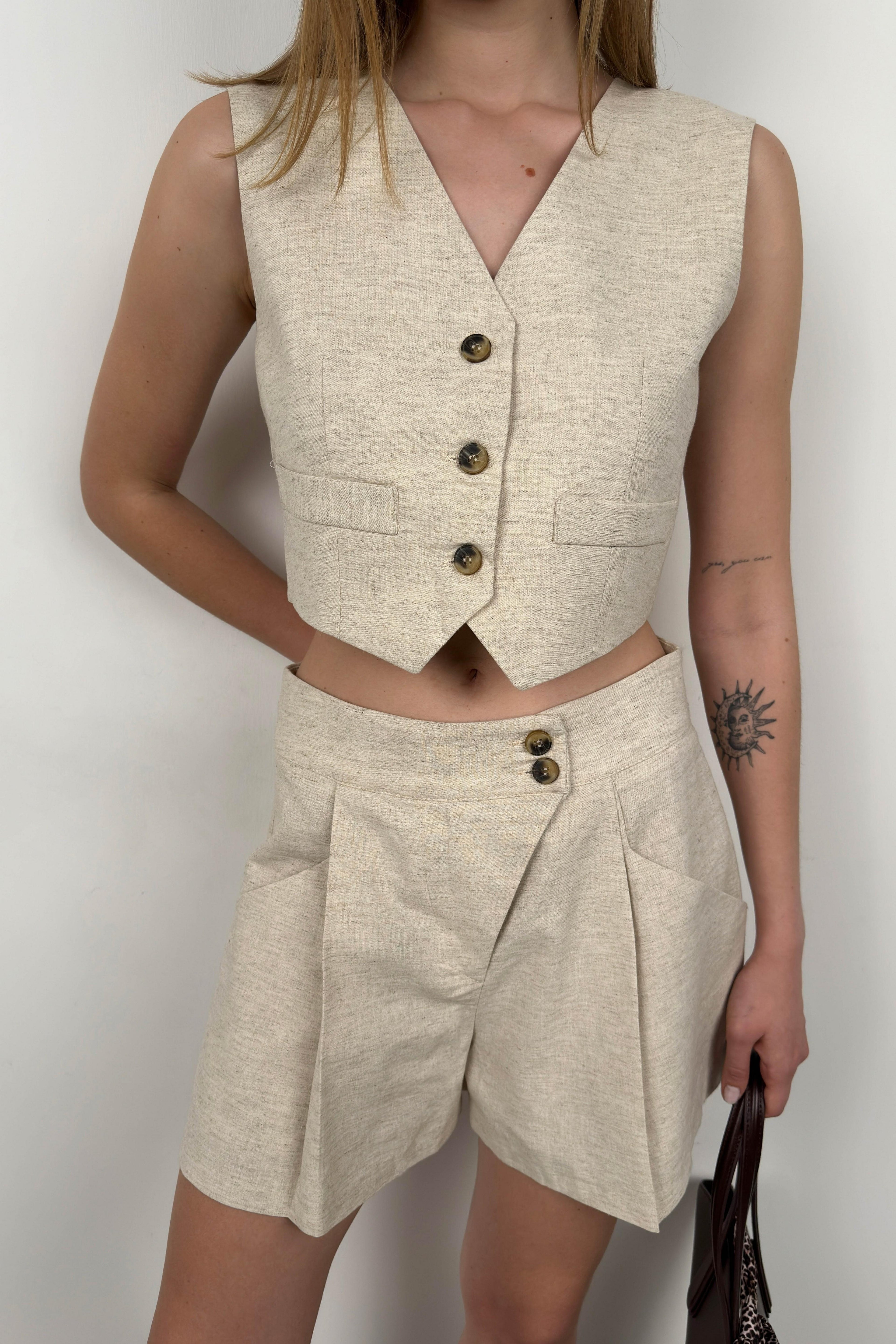 Linen Vest Beige Shorts Set