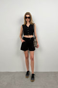 Linen Vest Black Shorts Set