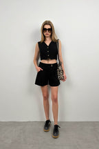 Linen Vest Black Shorts Set