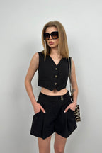 Linen Vest Black Shorts Set