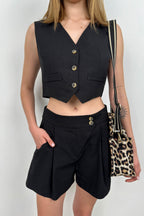 Linen Vest Black Shorts Set