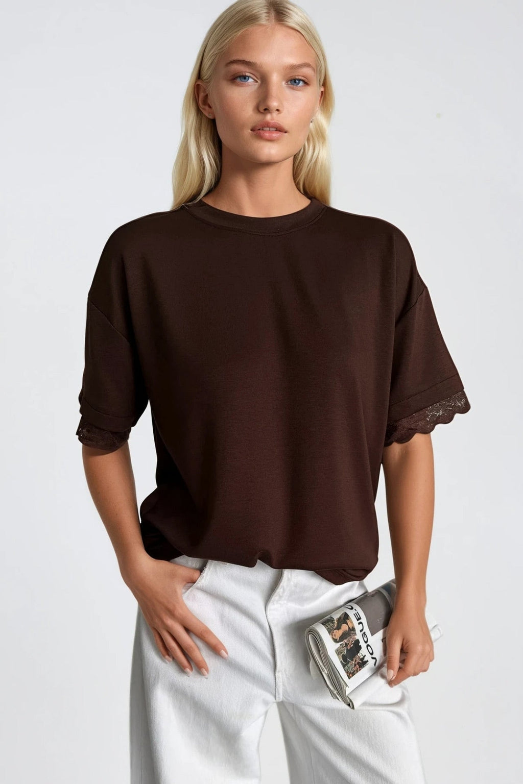 Kol Ve Sırt Lace Detail Brown T-Shirt