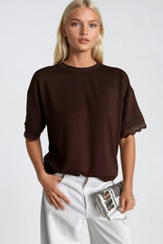 Brown T-Shirt with Lace Details on Sleeves and Back