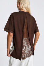 Kol Ve Sırt Lace Detail Brown T-Shirt
