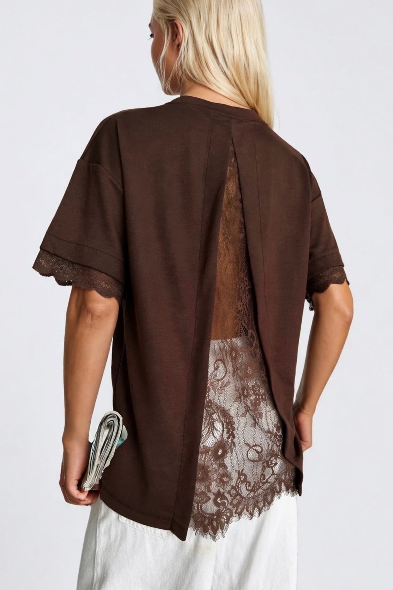 Kol Ve Sırt Lace Detail Brown T-Shirt