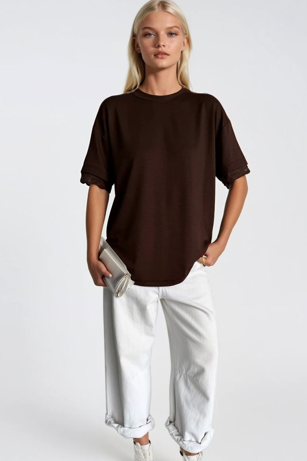 Kol Ve Sırt Lace Detail Brown T-Shirt