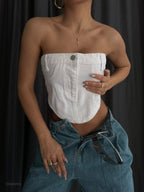 Corset Detail White Denim Crop Blouse