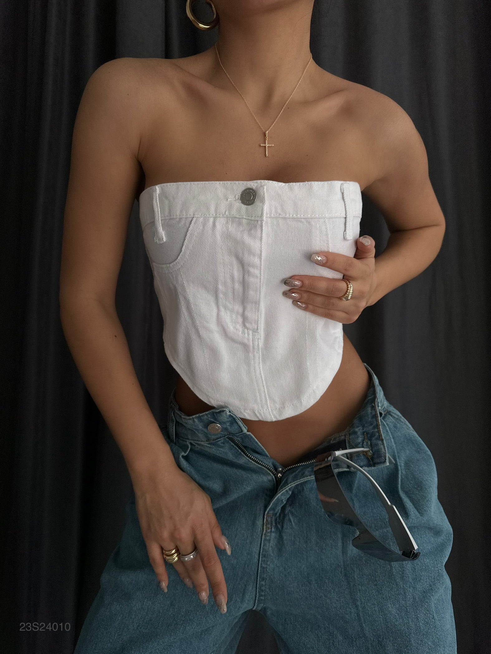 Corset Detail White Denim Crop Blouse