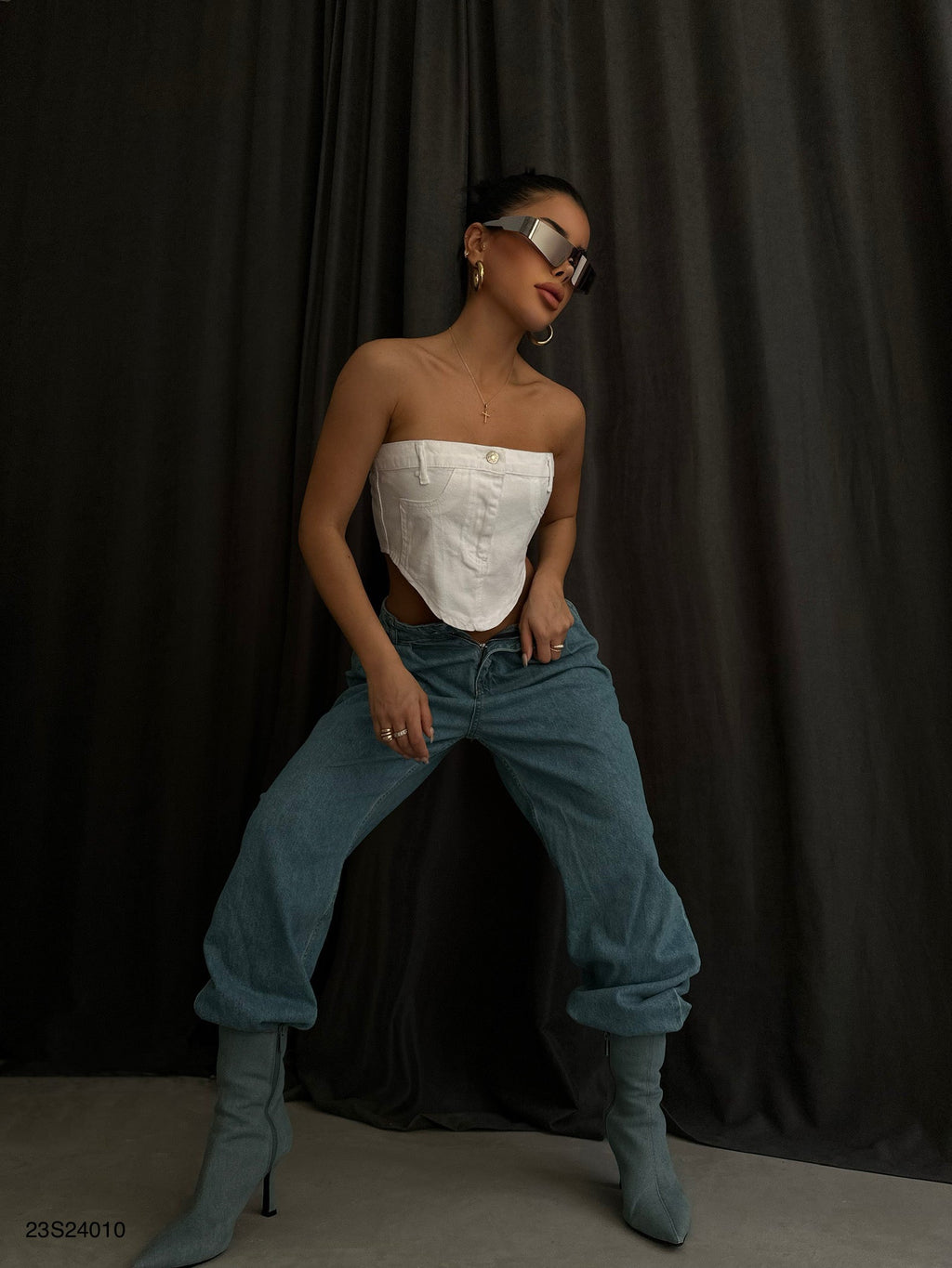 Corset Detail White Denim Crop Blouse