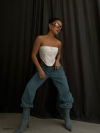 Corset Detail White Denim Crop Blouse