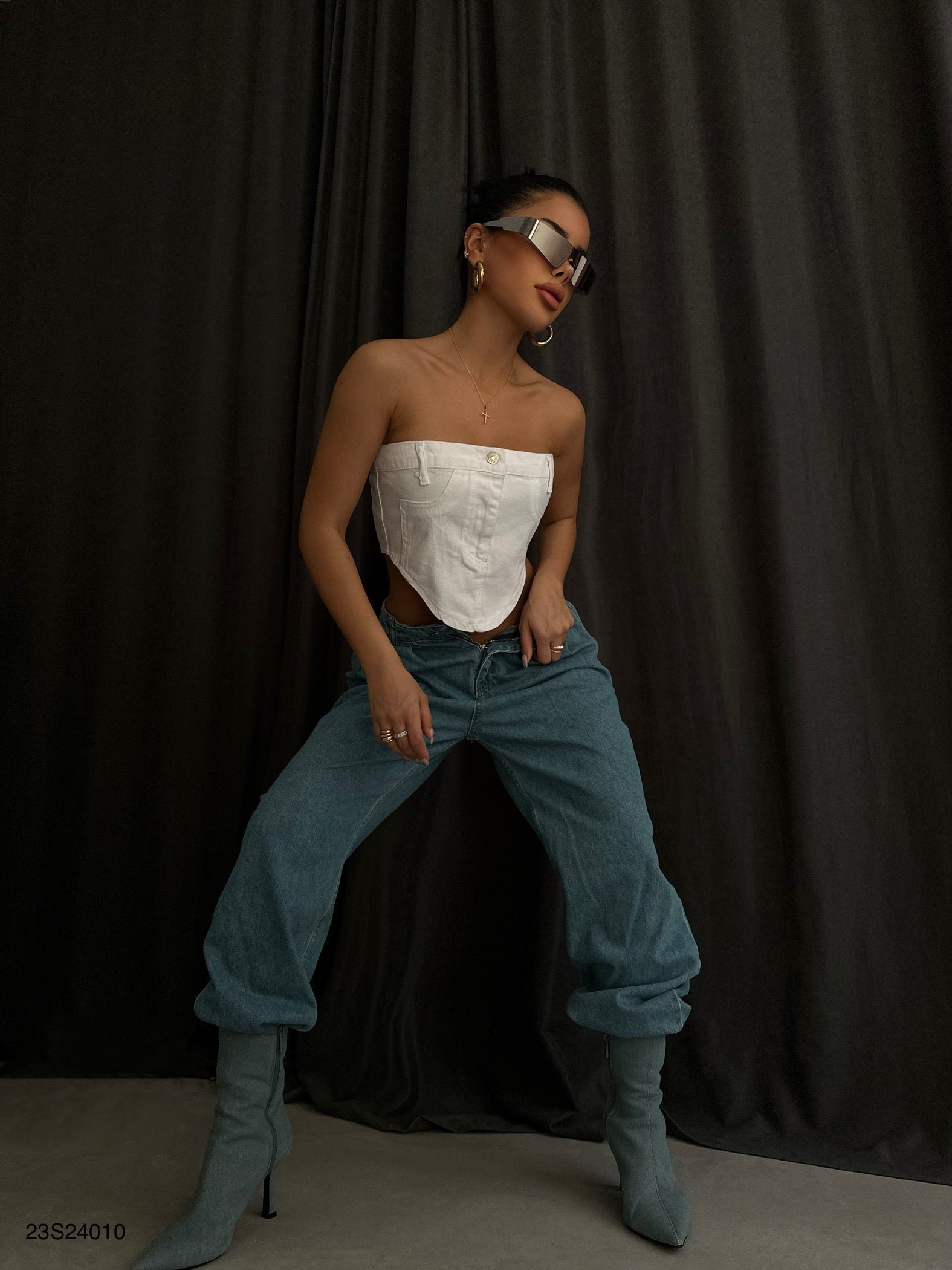 Corset Detail White Denim Crop Blouse