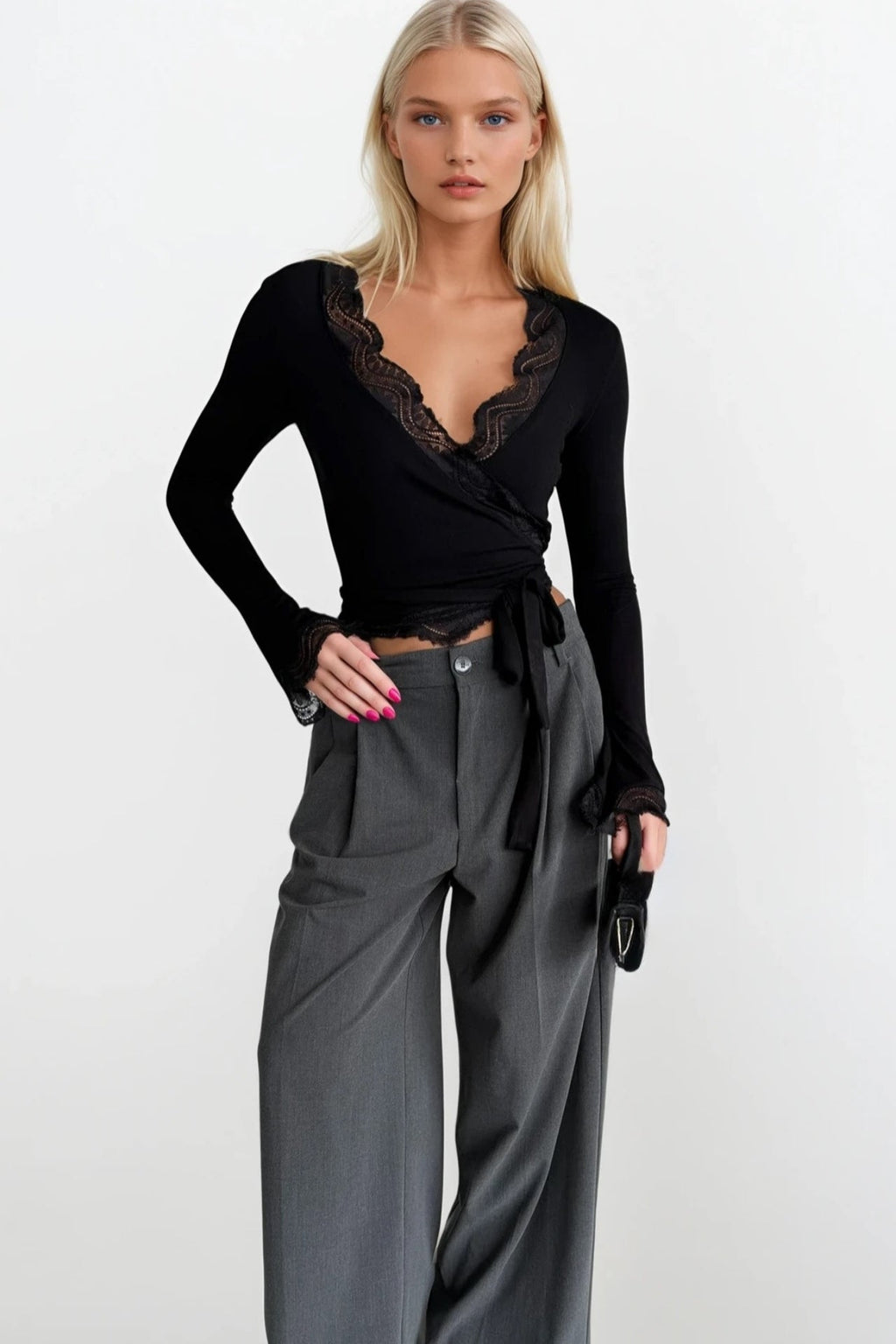 Wrap Tie Lace Black Blouse