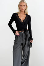 Wrap Tie Lace Black Blouse