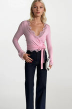 Wrap Tie Lace Pink Blouse