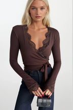 Wrap Tie Lace Brown Blouse