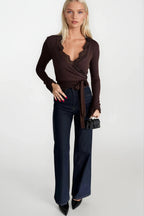 Wrap Tie Lace Brown Blouse