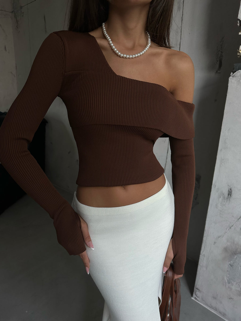 Wrap Collar Asimetrik Brown Knit Sweater