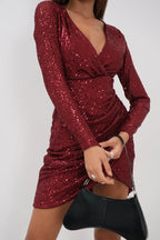 Wrap Neck Sequined Mini Burgundy Dress
