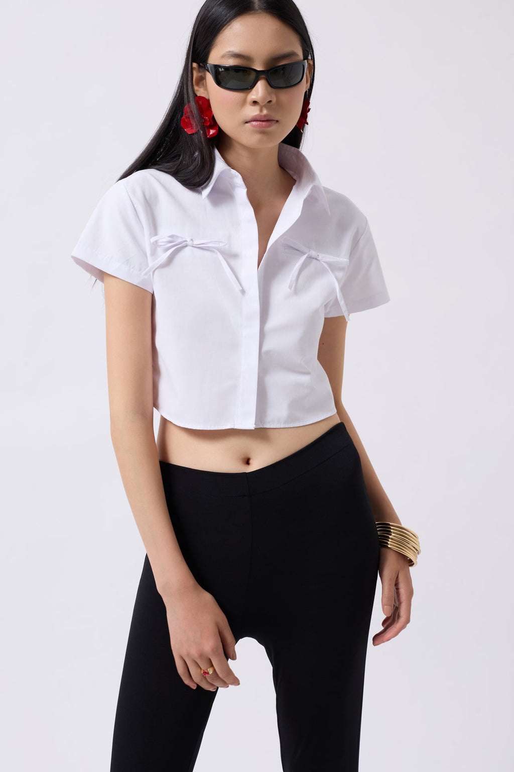 Ribbon Detail Crop White Shirt