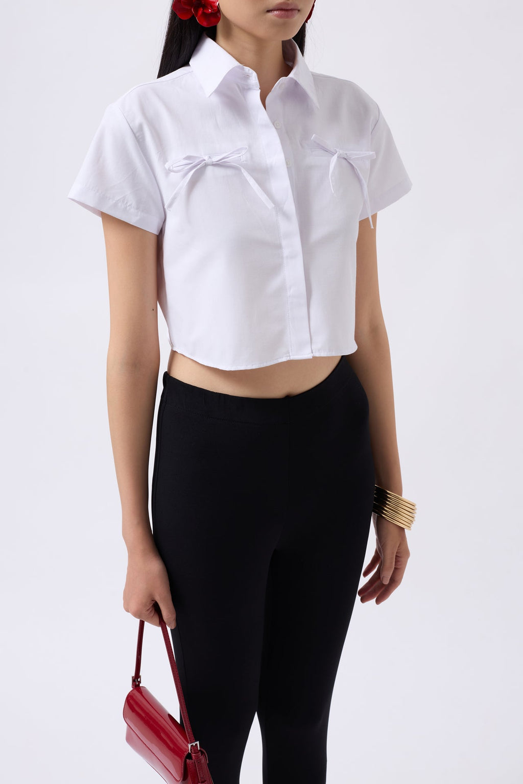 Ribbon Detail Crop White Shirt