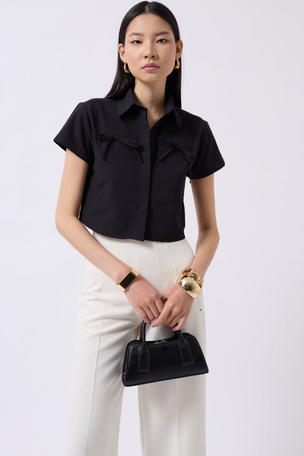 Ribbon Detail Crop Black Shirt