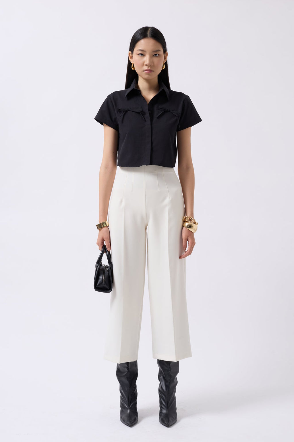 Ribbon Detail Crop Black Shirt