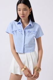 Ribbon Detail Crop Blue Shirt