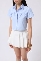 Ribbon Detail Crop Blue Shirt