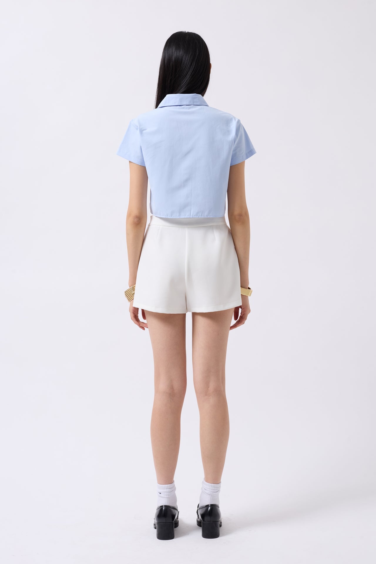 Ribbon Detail Crop Blue Shirt