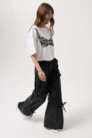 Ribbon Detail Cargo Pocket Wide Leg Black Jeans