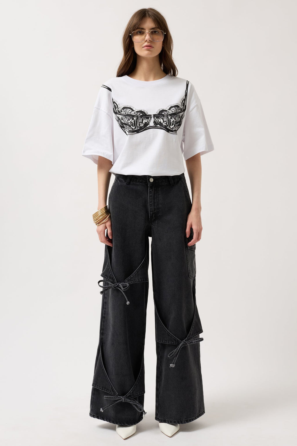 Ribbon Detail Cargo Pocket Wide Leg Black Jeans