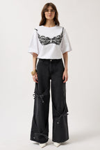 Ribbon Detail Cargo Pocket Wide Leg Black Jeans