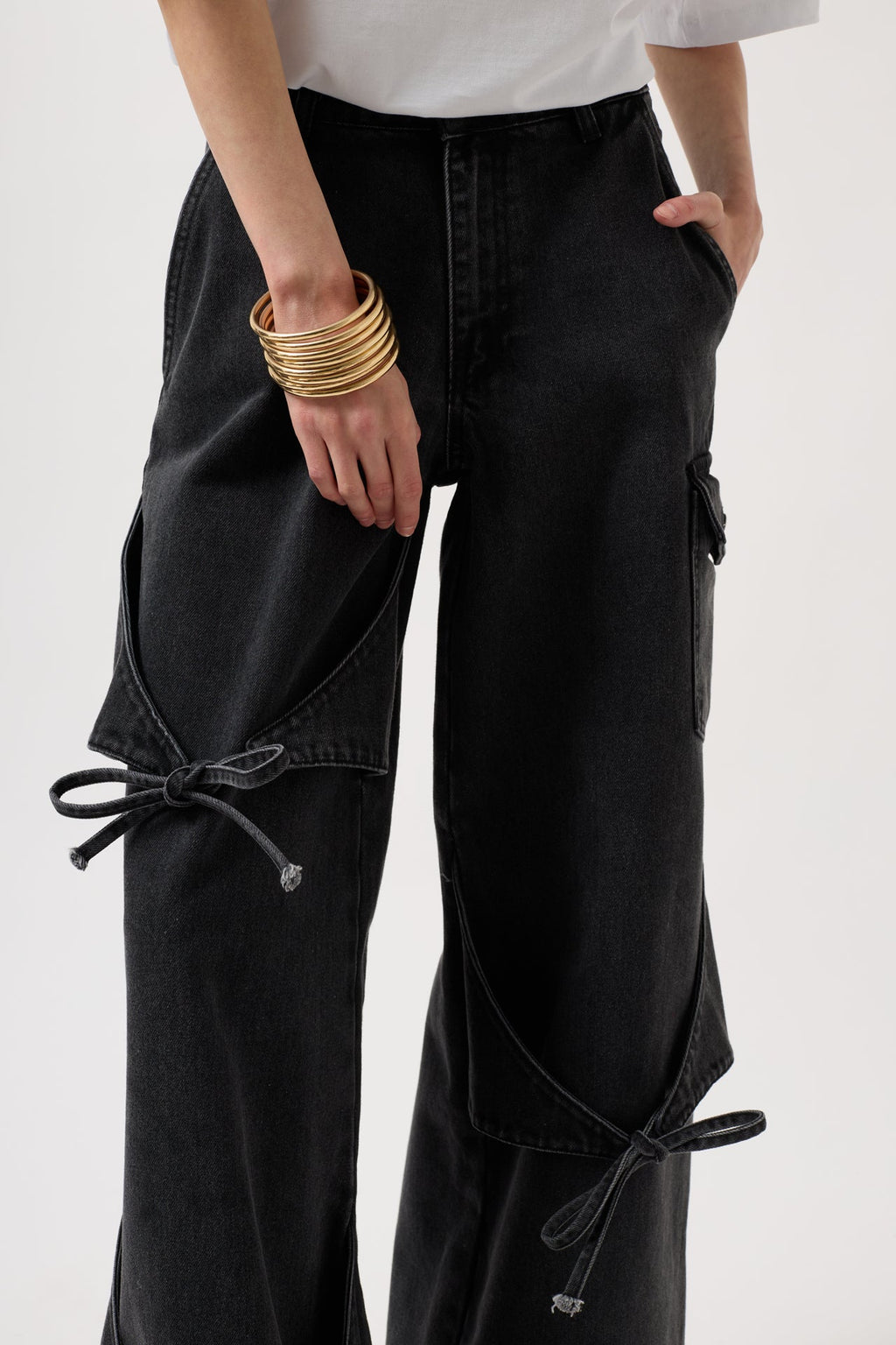 Ribbon Detail Cargo Pocket Wide Leg Black Jeans