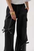 Ribbon Detail Cargo Pocket Wide Leg Black Jeans