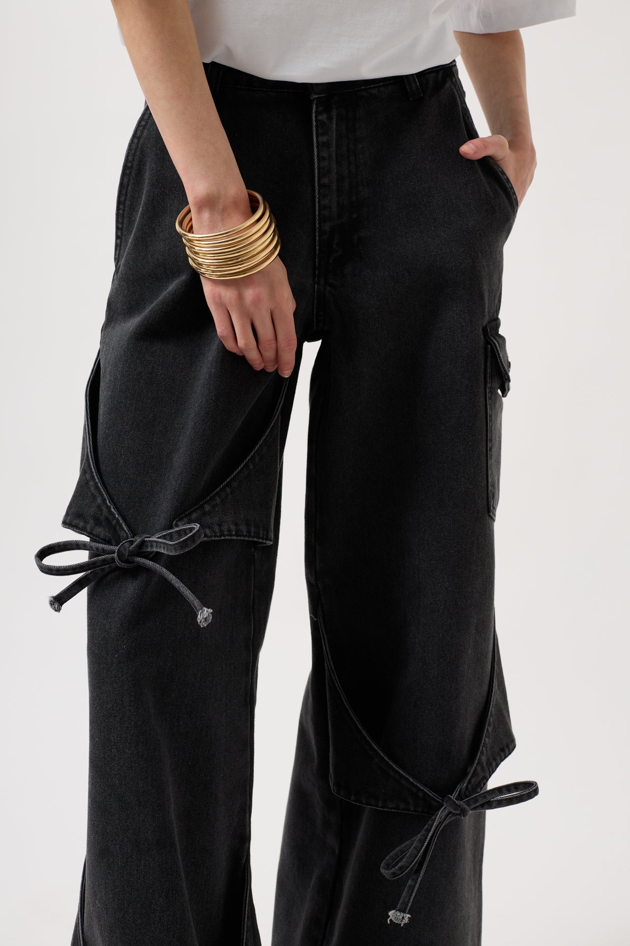 Ribbon Detail Cargo Pocket Wide Leg Black Jeans
