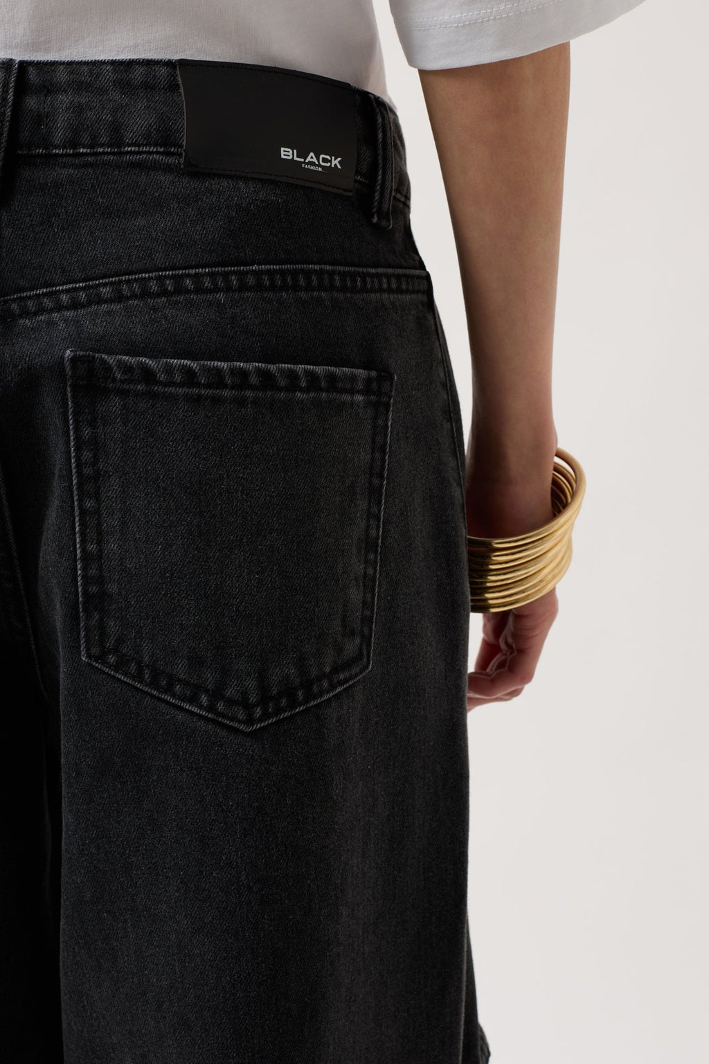 Ribbon Detail Cargo Pocket Wide Leg Black Jeans