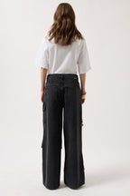 Ribbon Detail Cargo Pocket Wide Leg Black Jeans
