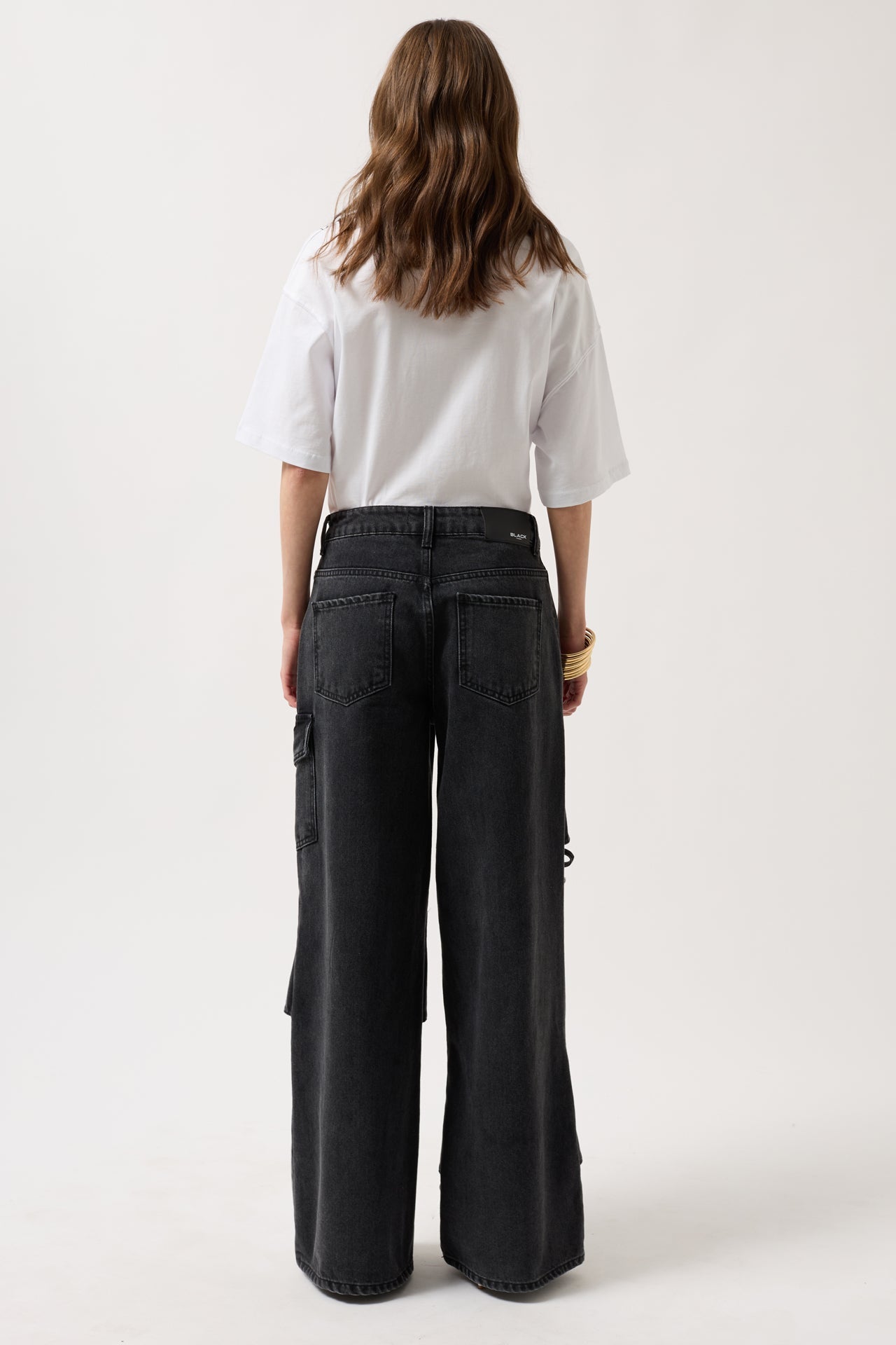 Ribbon Detail Cargo Pocket Wide Leg Black Jeans