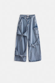 Ribbon Detail Cargo Pocket Wide Leg Blue Jeans