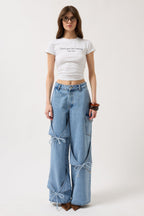 Ribbon Detail Cargo Pocket Wide Leg Blue Jean