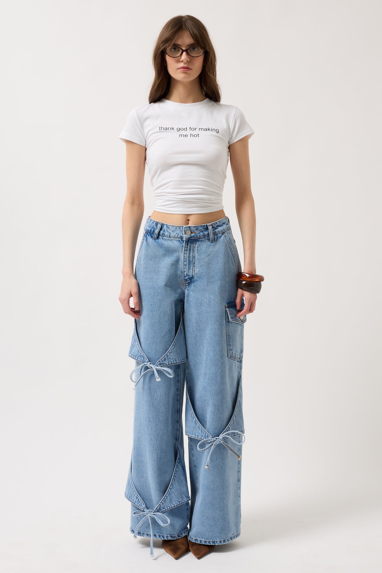 Ribbon Detail Cargo Pocket Wide Leg Blue Jean