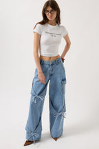 Ribbon Detail Cargo Pocket Wide Leg Blue Jean