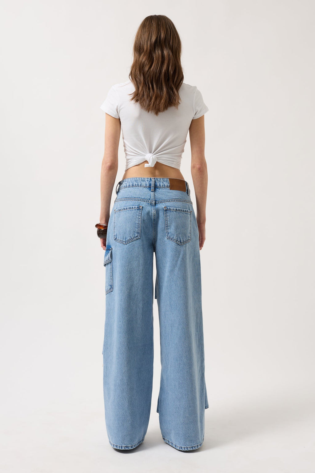 Ribbon Detail Cargo Pocket Wide Leg Blue Jean