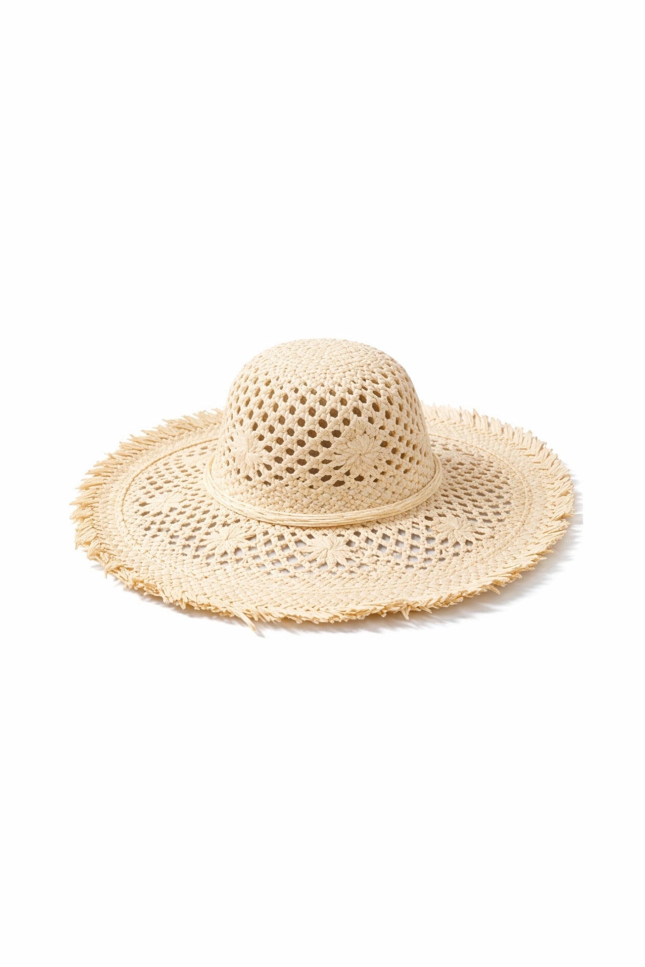Ribbon Detail Fringed Straw Beige Hat
