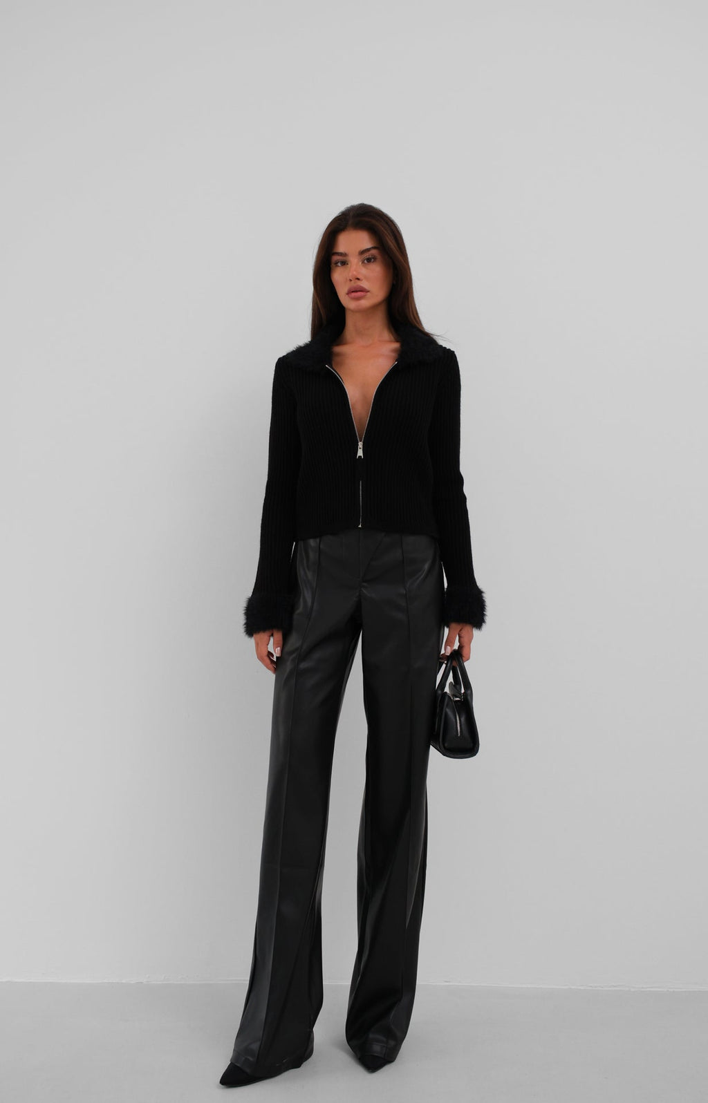 Fur Coat Detailed Zip-Up Black Knit Cardigan